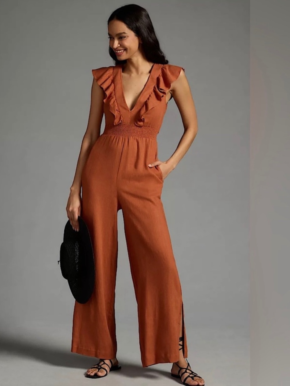 Anthropologie Jumpsuit with Ruffled Sleeves and Wide Legs US size L Tall